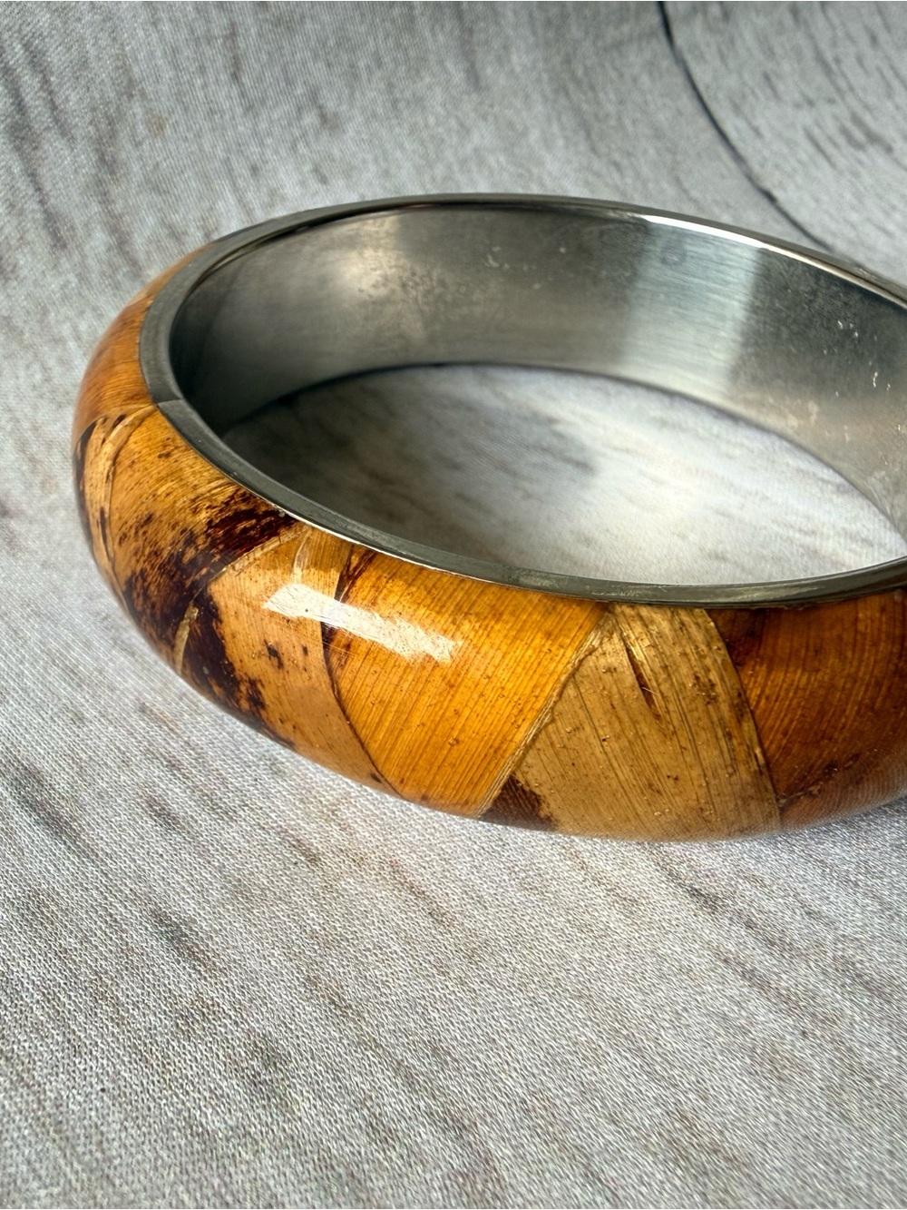 Vintage Faux Wood Tortoise Resin Bangle Bracelet Silver Tone Lining